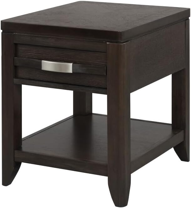 HomeStock Rustic Ranch End Table 24 x 20 x 25 Inch Espresso Brown Wooden Table with Drawer Shelf and Chamfered Legs for Modern Living Room Storage Decor