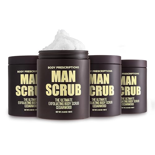 body prescriptions men’s exfoliating body scrub – ultimate skin cleansing wash in jar with twist-top lid, for all skin types, 21 ounce (pack of 4), cedarwood