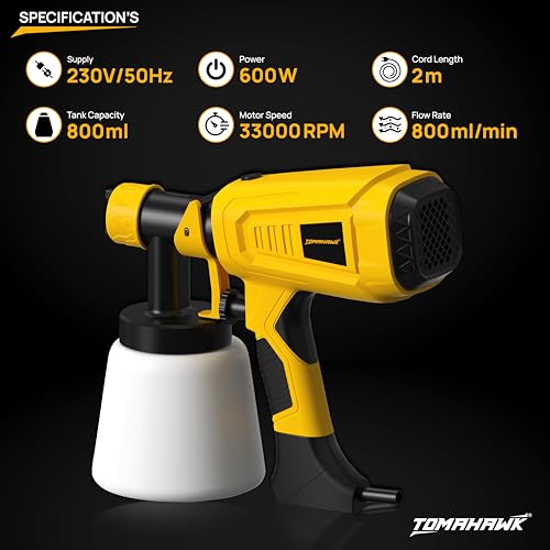 Image of Tomahawk 600W Electric Paint Sprayer, HVLP Wall Paint Sprayer with 33000 RPM Motor, 3 Nozzles (1.0 /1.8 /2.5mm), 800ml Tank for Home, Furniture & DIY (Yellow)