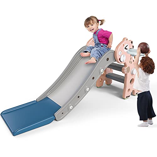 Kids Slide Indoor Outdoor 4 In 1 Extra Long Toddler Slide Climber Set With Basketball Hoop And Ring Toss Game, Freestanding Slide Toy For Boys & Girls #TOP9