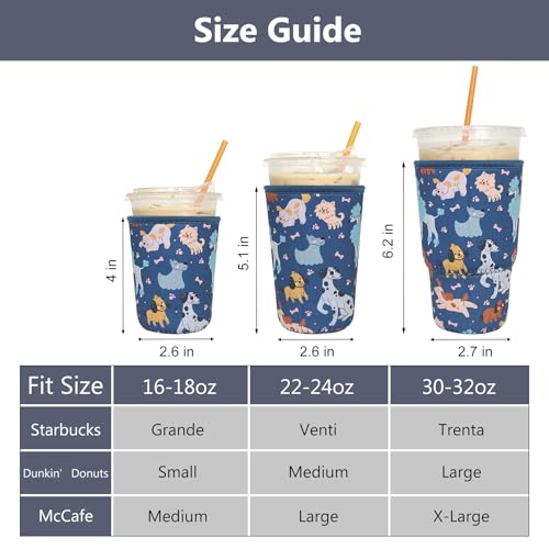 Image of 3 Pack Reusable Iced Coffee Sleeves - Xumbtvs Insulator Sleeve for Cold Beverages, Neoprene Coffee Cup Holder (Funny Dog)