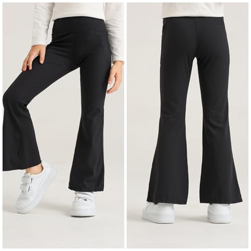 Girls' Flare Leggings with Pockets Trendy Girls' Ribbed Knit Bell Bottoms High Waisted Yoga Pants Black for 4-12Years3