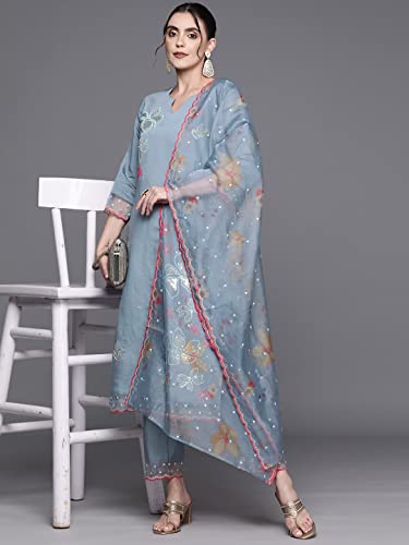 Image of INDO ERA Women Viscose Brown Embroidered Straight Kurta Trouser With Dupatta Set (Kh9Br7027)