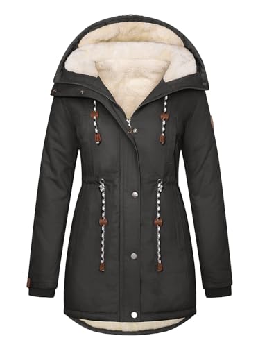 Xnova Wintermantel Damen Winterjacke Parka Lang Warm Gefütterter mit Kapuze, Teddyfleece Mäntel Reißverschluss Winterparka Mittlere Baumwolle Kapuzenmantel Fleece Wärme...