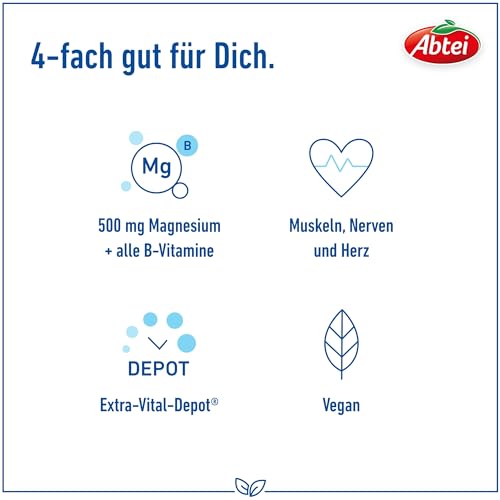 Abtei Magnesium 500 Plus Extra-Vital-Depot - hochdosiert - mit allen B-Vitaminen - für Muskeln, Nerven und Herz - Vegan - 42 Tabletten