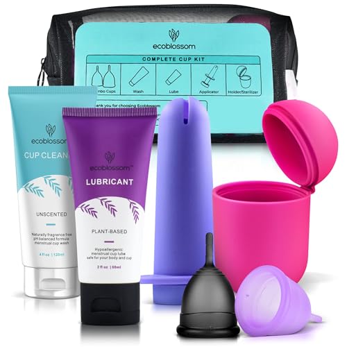 Ecoblossom Complete Menstrual Cup Kit - Small & Large Reusable Period Cups, Silicone Sterilizer Holder, Cleansing Wash, Water-Based Lube, and Easy-Insert Disc Applicator - All Inclusive Set