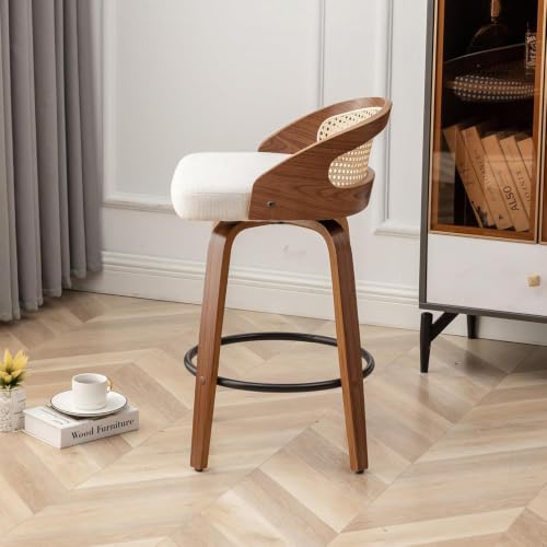 Image of Swivel Rattan Bar Stools with Back Beige Linen Fabric Bar Height Stools 2PC