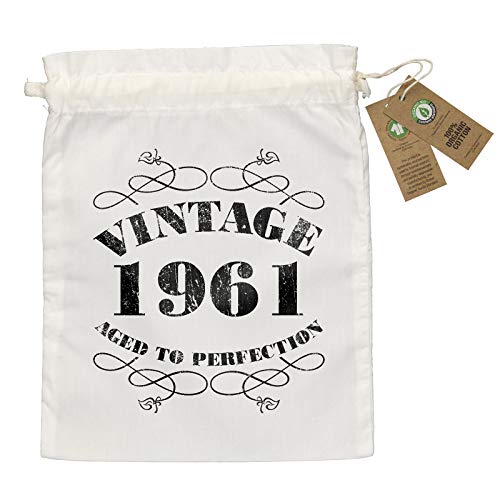Bang Tidy Clothing 60th Birthday Gift Bags - Large Medium Small - Eco Friendly Gifts - 100% Organic Cotton Drawstring Presents Bag for Him Her - Vintage 1961