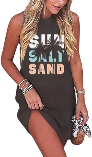 Sun Salt Sand Coconut Tree Tank Mini Dress for Women Sleeveless Beach Praty Shirts Summer Vacation Short Mini Dresses(Medium,Grey)