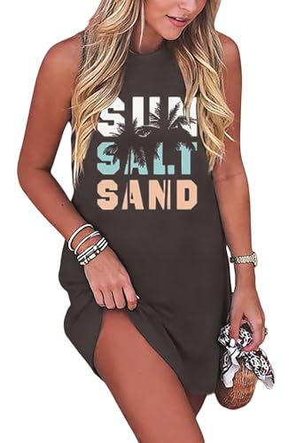 Sun Salt Sand Coconut Tree Tank Mini Dress for Women Sleeveless Beach Praty Shirts Summer Vacation Short Mini Dresses(Large,Grey)