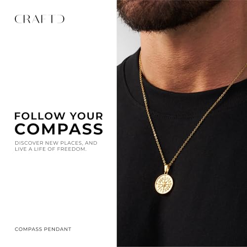 CRAFTD | Compass Pendant Necklace | 20.5" Chain Link with 20MM x 20MM Pendant | Waterproof, Heat & Sweat Resistant | Gifts for Men | Men's Jewelry |2