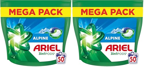 Ariel Pods 3en1 Alpine, Lessive en Capsules, 50 Lavages, Action Détachante En 1 Seul Lavage, Dissolution Rapide Même à Froid, Fabriqué en France (Lot de 2)