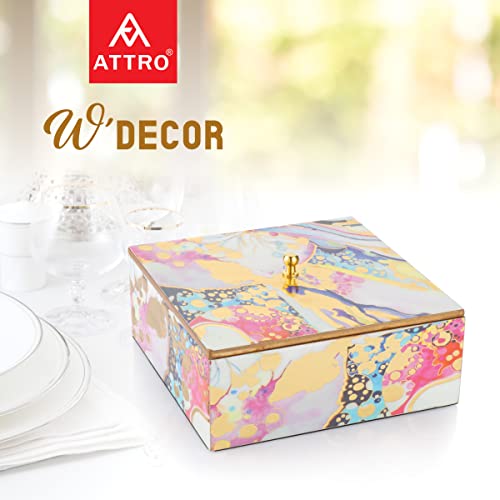 Image of Attro Rainbow Gold Designer Wooden Lid Round Multipurpose Box for Kitchen Storage, Chapati, Chocolate