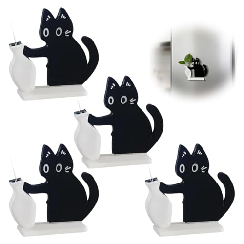 YAYNO 4 Piezas Bonito imán de gato negro decoración magnética única para nevera, acoplable magnéticamente decoración para jarrones con Bigotes de Gato, para decoración del hogar