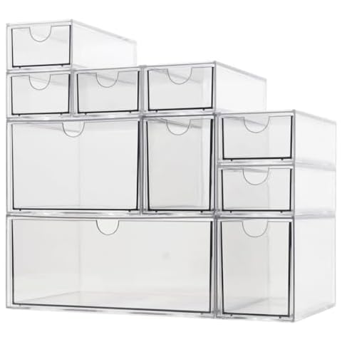 Acrylic Makeup Organizer, 10 Drawers Clear Storage Organizer Desktop Stackable Storage Drawers, Plastic Organizer Bins for Makeup, Stationery, Cosmetics, Vanity, Bathroom,Cabinet,Pantry Office Desk Cover