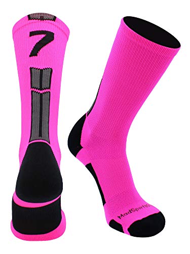 MadSportsStuff Neon Pink and Black Player ID Custom Number Crew Socks for Basketball Lacrosse Volleyball Boys and Girls2