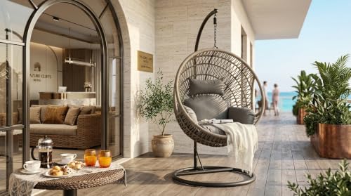 Image of UNIVERSAL FURNITURE Hanging Egg Swing Chair with Stand, Woven Wicker Rattan Style Swing with Cushion, Freestanding Indoor Outdoor Hanging Chair for Patio, Balcony, Garden & Porch (Beige & Grey)