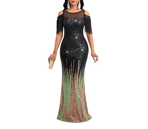 Women Sexy Sequin Tassel Mesh Perspective Bodycon Evening Maxi Dress