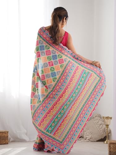 Image of Panzora Women's Chinon Printed Saree With Unstitched Blouse Piece