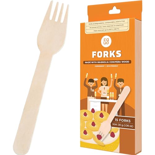 EQUO Wooden Disposable Forks (Pack of 15) - Plastic-free, Home-compostable, Heat-safe Utensils for Parties, Events, Camping & More