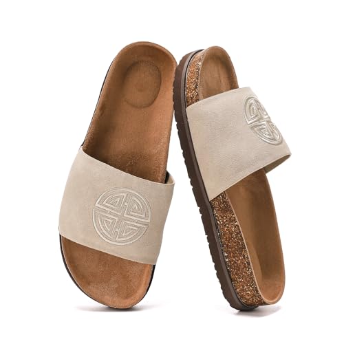 Women's Suede Slide Sandals with Arch Support,Cork Comfortable Summer Flat Sandals for Women 2025 Beach Vacation Shoes,Cute Dressy Sandals Outdoor Slippers