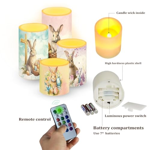 Image of Flameless Light Candles Home Ornaments Battery Operated Candles with Color Changing Timer Remote Control Fake Pillar Candles Tealights Easter Home Decoration, Easter Bunny Colorful