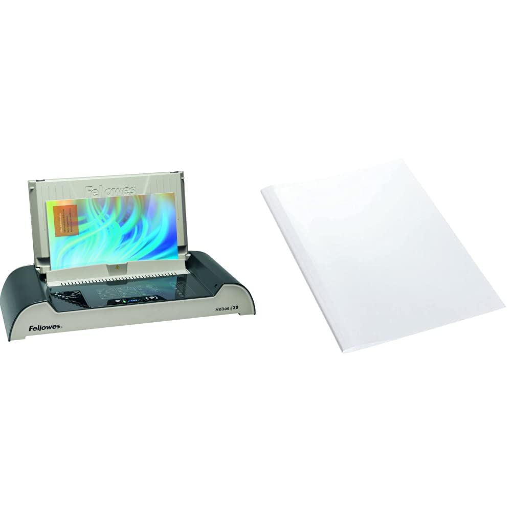 Fellowes 5641001 Büro Thermobindegerät Helios 30 platin/schwarz & Leitz 177161 Thermobindemappe Standard, A4, Rückenbreite 6 mm, 100 Stück, weiss