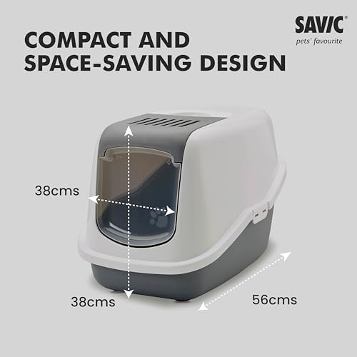Image of Savic Nestor Covered Cat Litter Box for Indoor Cats, Enclosed Hooded Cat Toilet Home with Flip-Up Door, Odor Control & Easy Cleaning Design - Cold Grey, 22x15x15 Inch