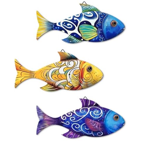 Putuo Decor 3 Pcs Colourful Wooden Fish Wall Art Cover