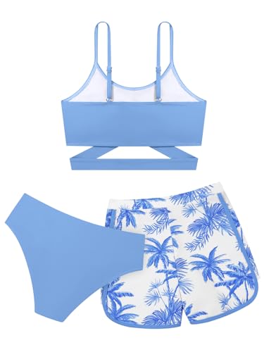 Image of Girl's 3 Piece Bikini Set Cross Strap Swimsuits for Girls Bathing Suit with Shorts Teen Swimwear Swimming Suit