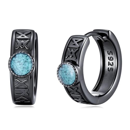 Lypic Norse Viking イヤリング 男性用 925スターリングシルバー ハギールーン/アンク/ケルトノット ターコイズ フープイヤリング バイキングジュエリー ギフト メンズ レディース, ベース。, 宝石なし