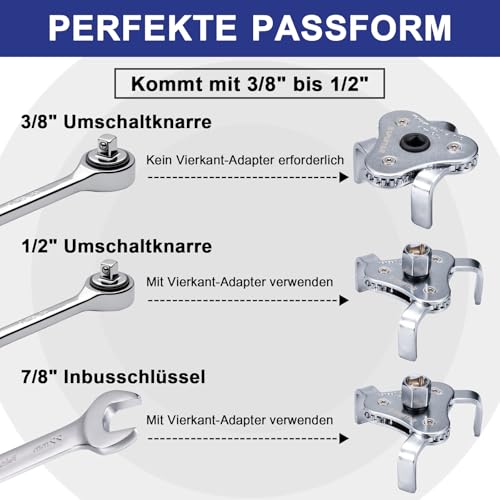 Spurtar Ölfilterschlüssel 3-armig Ölfilter Schlüssel Verstellbares Auto Ölfilter Werkzeug mit Antriebsadapter für Ø 64-116mm Durchmesser Autos, LKW – Zweiwege
