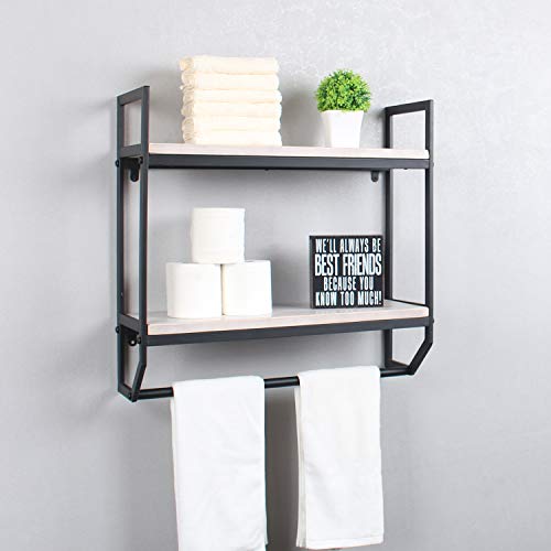 Exclusive Special Bathroom Shelf with Towel Bar,Rustic Bathroom Shelves Wall Mounted,2 Layer Storage Shelves for Kitchen,Metal Floating Shelves,Industrial Bathroom Shelves,Wood Shelf,Vintage White