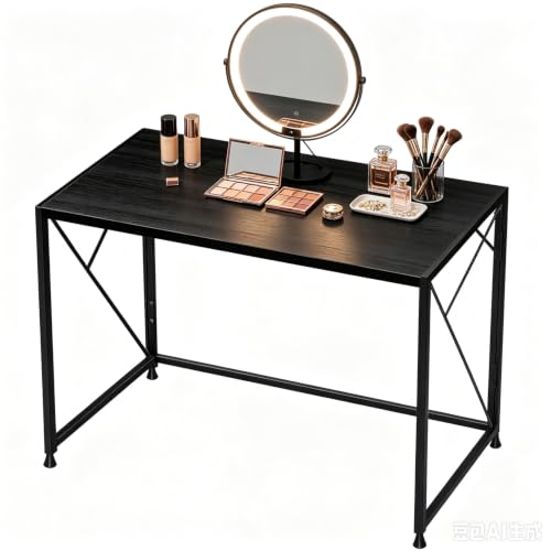 Image of LUCKRACER Vanity Desk with LED Lights Mirror & Charging Station, Makeup Vanity with Storage Drawers and Shelves, Modern Dressing Table for Women Girls Bedroom Black