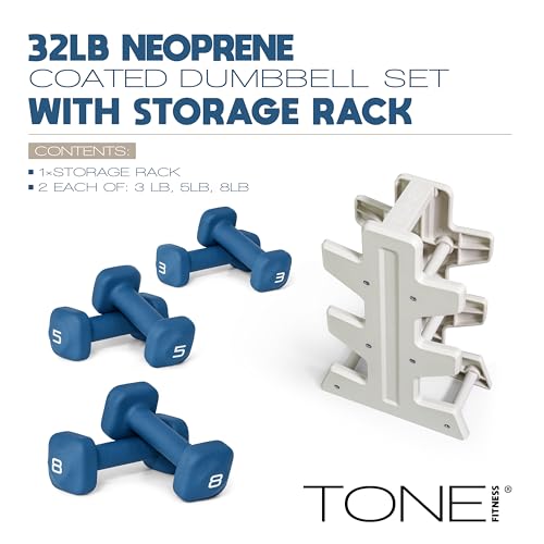 Image of Tone Fitness Neoprene Dumbbell Set with Storage Rack - Non-Slip, Anti-Roll Hand Weights for Home Gym Workouts | 20 lb, 32 lb, 50 lb, 60 lb & 100 lb Options
