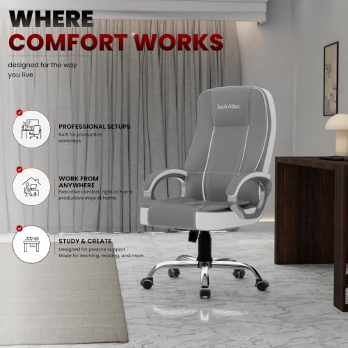 Image of beAAtho Vintage Executive High Back Ergonomic Leatherette Office Chair with 3 Years Warranty | Revolving Director & Boss Seating | Orthopedic Design | White Grey