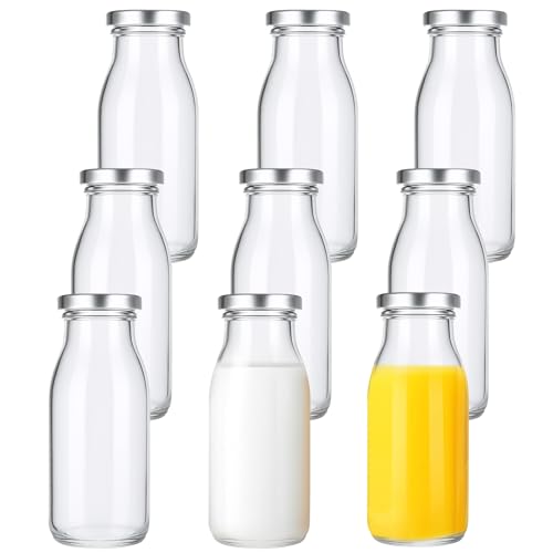 saerryor 6 Pack Glass Milk Bottles With Lids 8.5oz/250ml Glass Bottles Shot Bottle For Juice Jam Ginger Oils Liquor Sauces