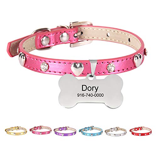 Personalized Cat Collar with Name and Telephone Number Engraved, Bling Cat Collar with Rhinestones, PU Leather Puppy Collar with Rhinestones Buckle, Adjustable Collar for Small Dog
