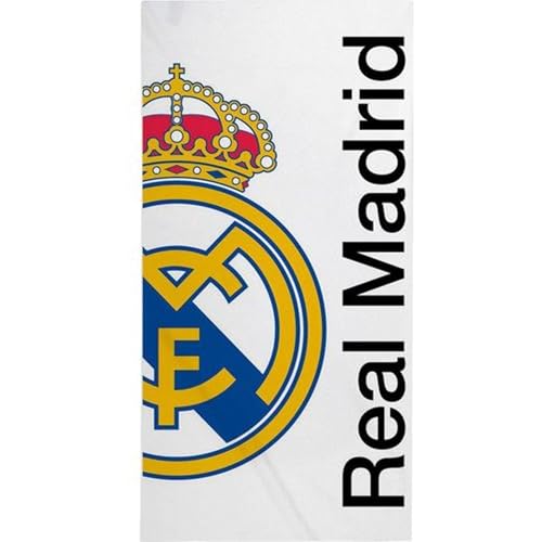 Toalla Real Madrid 90x180 diseño oficial con escudo del club y colores emblemáticos - Toalla de playa Real Madrid y baño de gran tamaño ideal para fans del equipo blanco con estilo y comodidad