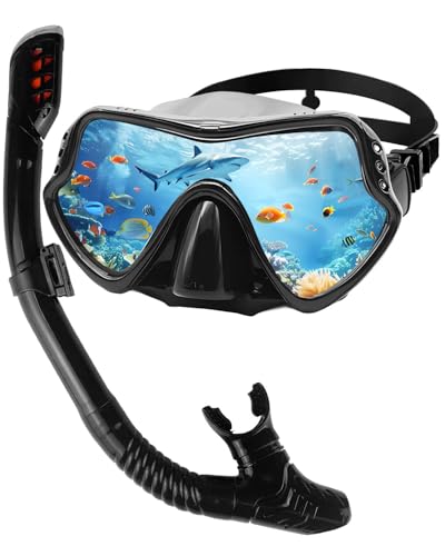 Adult Snorkeling Gear Set - Anti-Fog Scuba Diving Mask with 180°Panoramic Ultra-Clear View, Easy-Breathing Design, Professional Snorkel Mask for Adults in Black