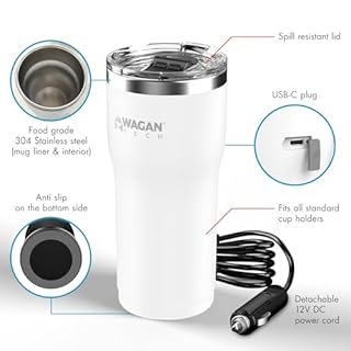 Wagan EL6102 12V Travel Car Heated Mug Portable 16oz Stainless Steel Anti-Spill Lid Slip resistant base Car Coffee Warmer Coffee Cup USB–C PD20W 12V DC (White)