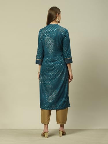 Image of Rangriti Teal Blue Viscose Straight Printed Kurta for Women