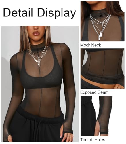 Mesh Sheer Long Sleeve Layering Tops for Women Mock Neck Sexy Going Out Lace Tee Shirt See Through Party Club Concert Blouse3