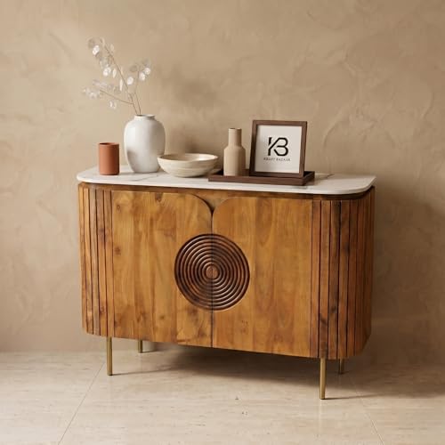 Image of Solid Wood Mandala Sideboard Cabinet with Sintered Stone Top for Living Room | Dark Teak Finish Lacquered | 119.8 cm (W) x 39.8 cm (D) x 85 cm (H)