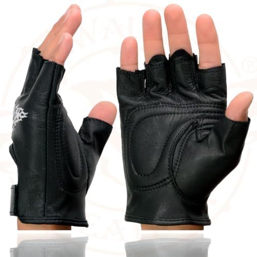 Image of Milwaukee Leather SH198 Men's Black Flame Embroidered Fingerless Gloves with Gel Palm | Padded Comfort; Vibration Relief; Flame Embroidery