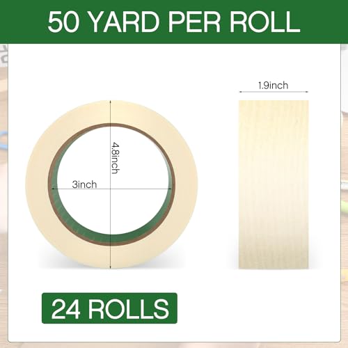 Image of Frienda 24 Rolls Wide Masking Tape 2 Inches x 50 Yards Painters Tape General Purpose Painting Tapes Bulk Easy to Remove for Home School Office Painting Labeling DIY Art and Crafts (Beige White)