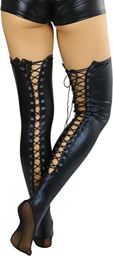 ToBeInStyle Women's Shiny Leather Like Wet Look Lace Up Thigh High