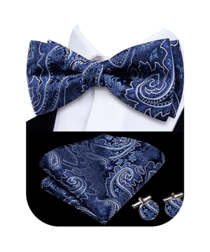 Image of Hi-Tie Bow Ties for Men Pre-Tied Pocket Square with Cufflinks Mens Bowtie Sets for Wedding Formal Party