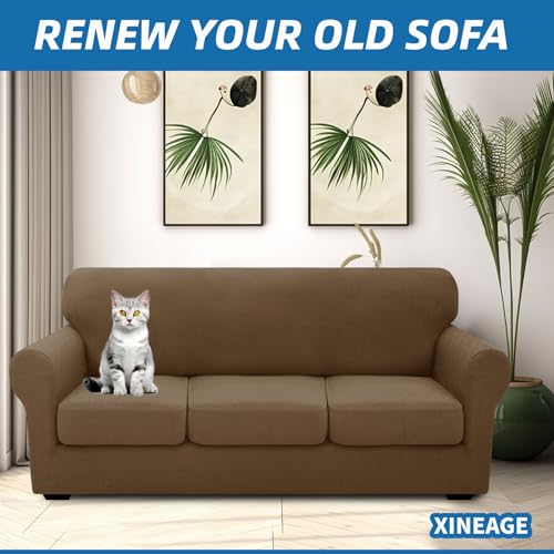 XINEAGE New 4 Pieces Couch Covers for 3 Cushion Couch Super Stretch Thick Soft Sofa Cover Anti Slip Sofa Slipcover Dogs Cats Furniture Protector (Brown, 71"-91")