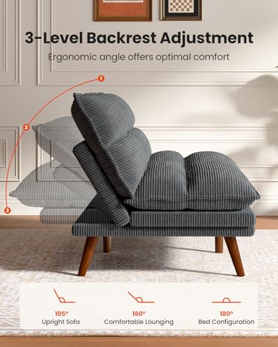 Image of Amada Convertible Futon Sofa Bed - Corduroy Loveseat with Adjustable Backrest & Armrests, Thickened Seat Cushion, Small Space Sleeper Couch for Apartment, Study Room & Office（Gray，66 Inch ）
